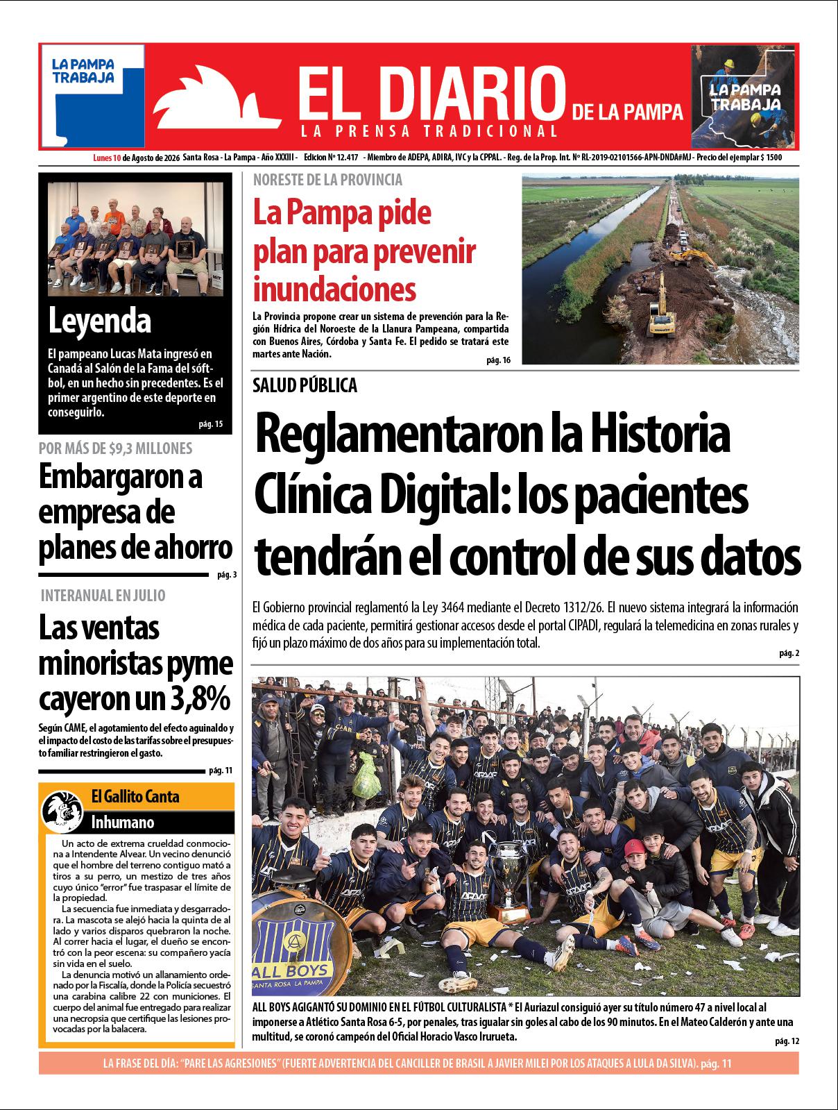 Tapa de El Diario en papel  lunes 10 de agosto de 2026